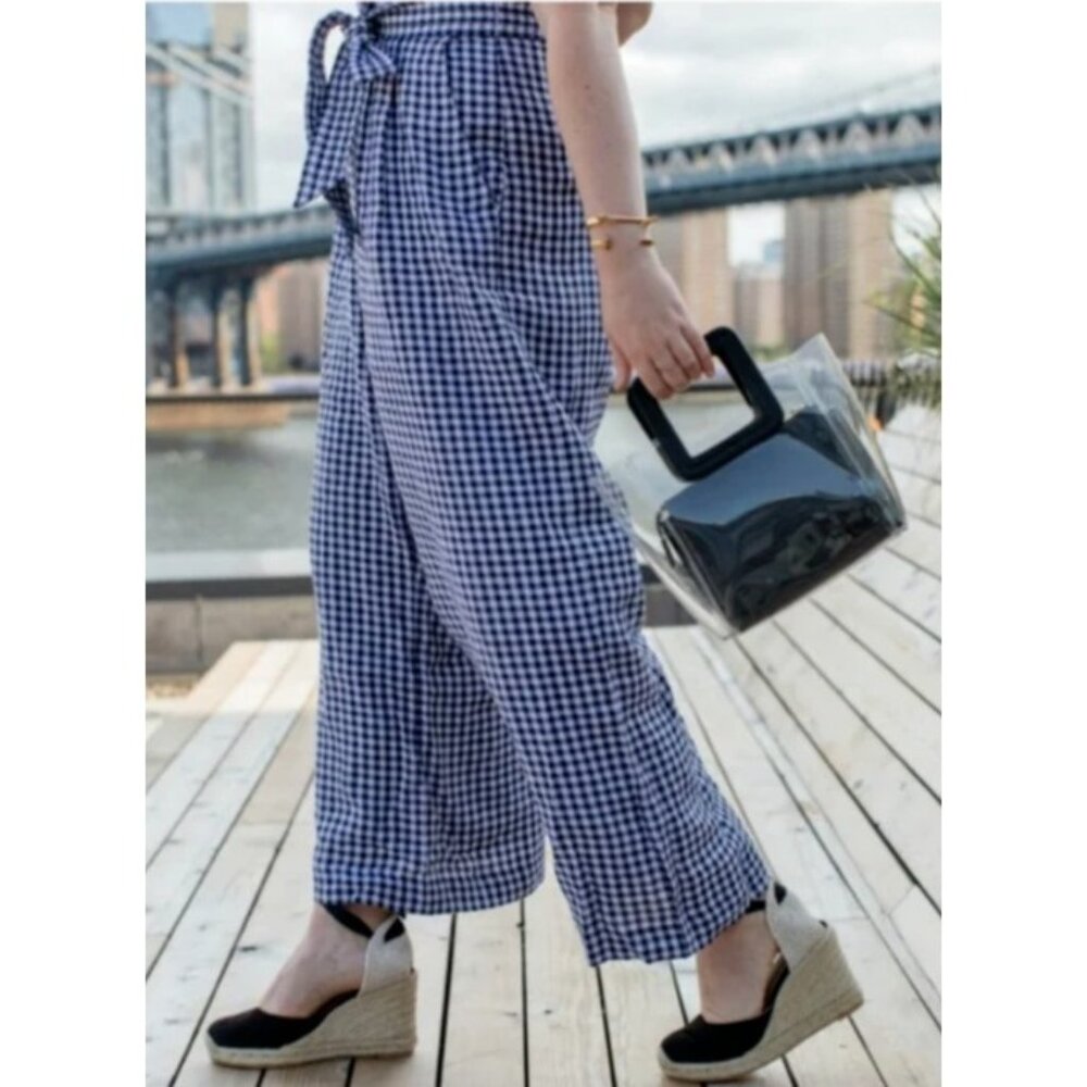 NWT Joie Pants Crop Wide Leg Size M Gingham Check Blue White Capri Paperbag